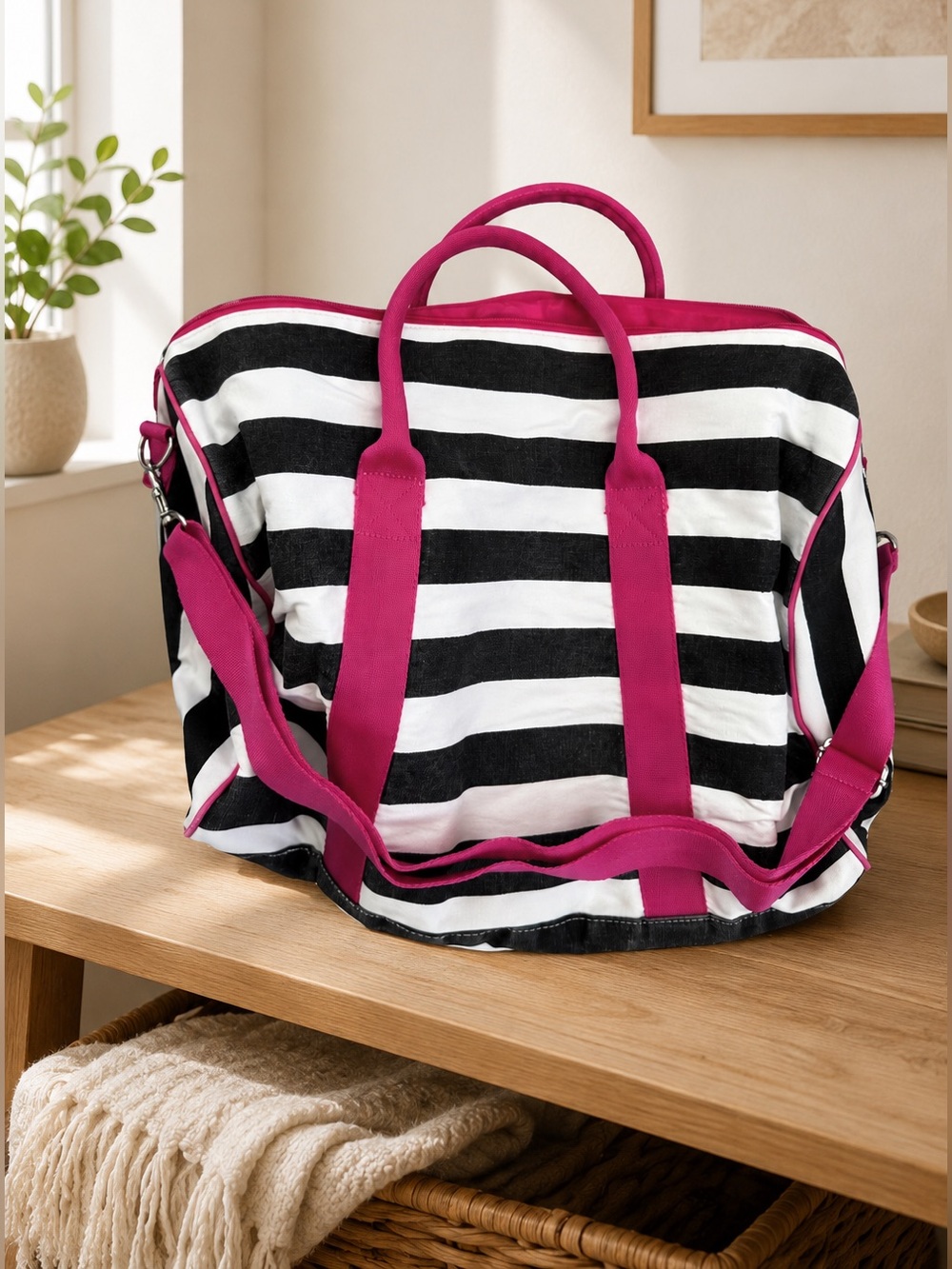 Victoria's Secret Black and White Striped Travel Bag with Pink Trim - Picture 3 of 5